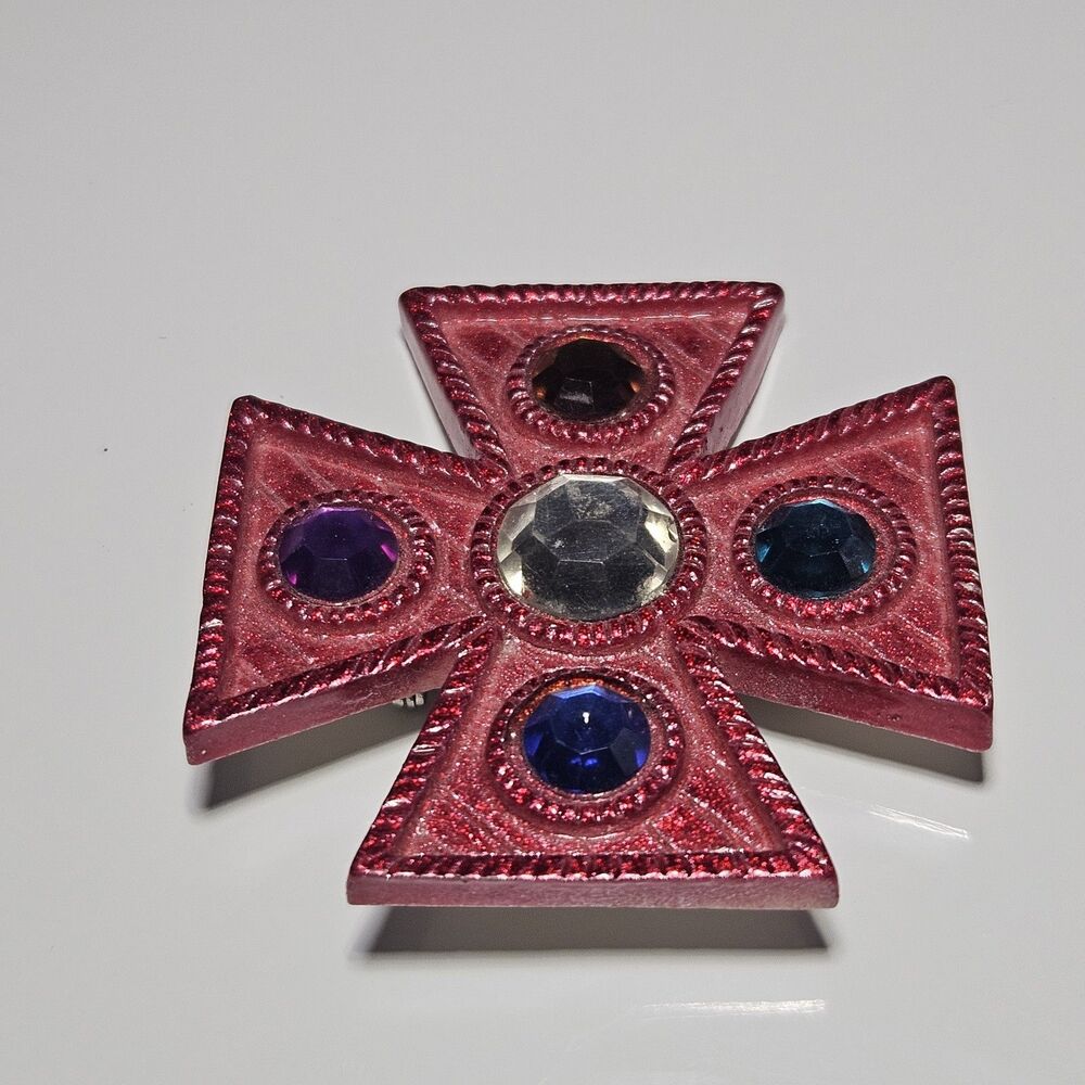 Vintage Red Geometric Cross Multicolored Rhinestones Brooch - Picture 8 of 9